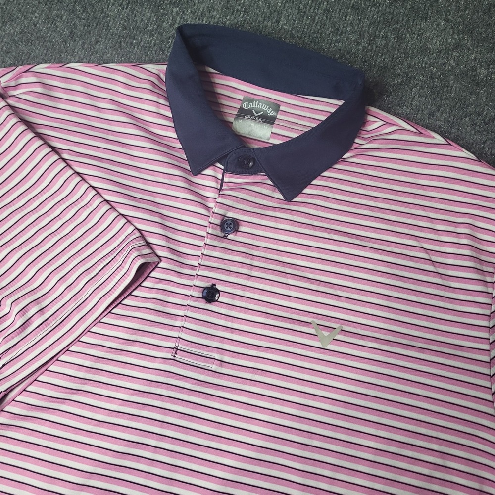 Callaway Opti-Dri Mens Medium Pink Navy Striped Short Sleeve Golf Polo Shirt